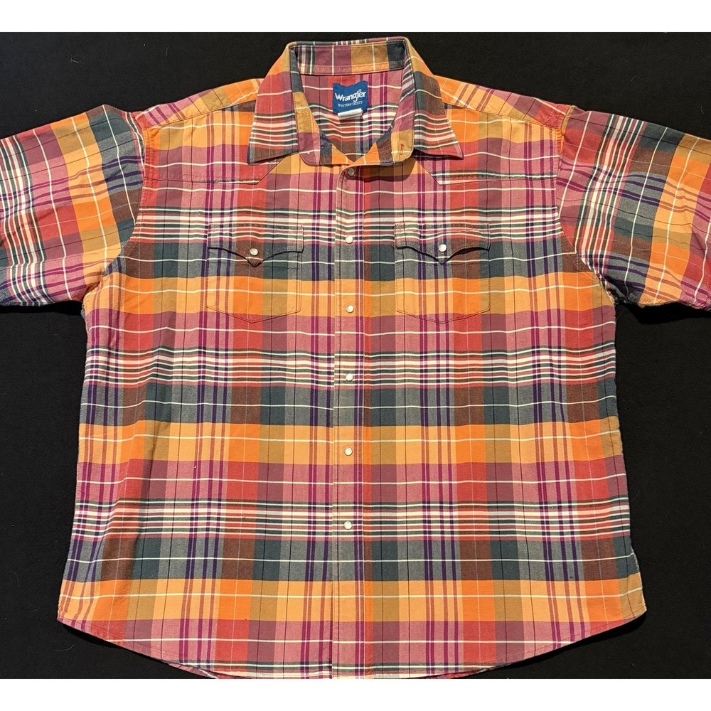 Wrangler Brush Popper VTG Pearl Snap Plaid Short Sleeve Orange Mens‎ XXL
